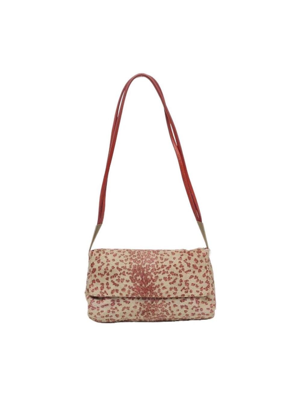 Bottega Veneta Vintage Calf Hair Leopard Print Flap Shoulder Bag Pink Beige
